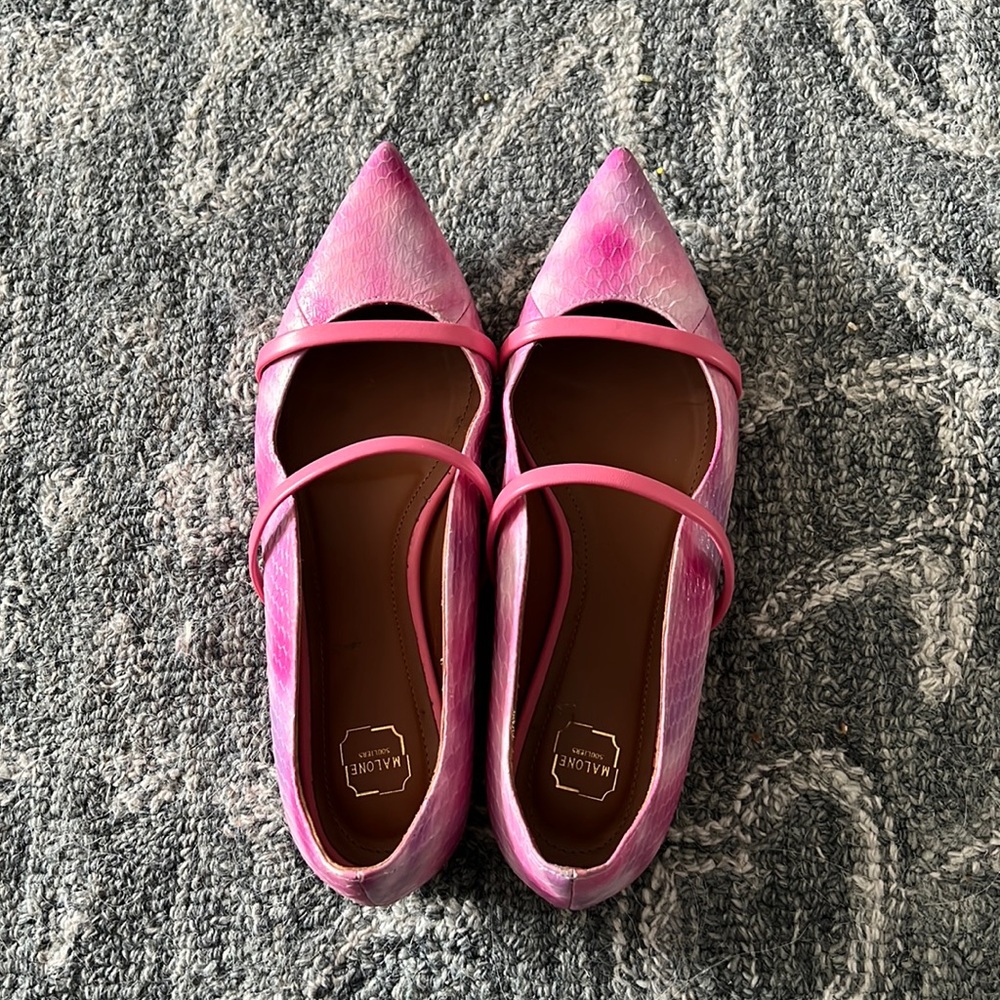 Malone Souliers Maureen Flat Pumps in pink snakeskin tie dye